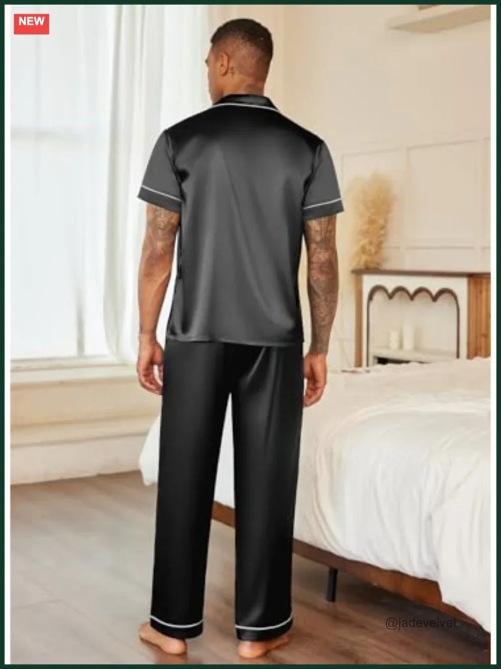 Mens Satin Pajama Set Short Sleeve Button Down Sleepwear Loungewear with Long
